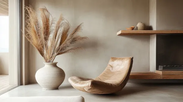 Stone bench with vase of dried flowers and wooden decor