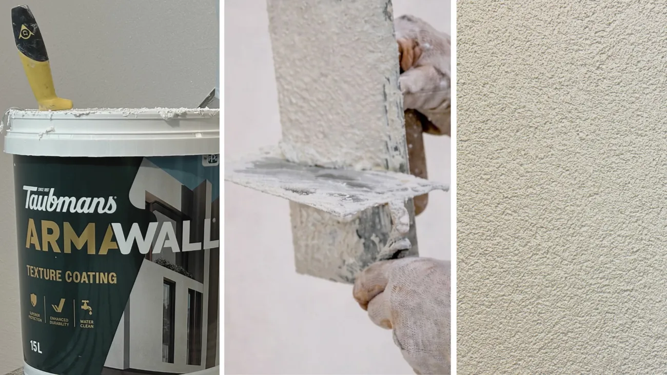 What Are the Best Brands for Textured Wall Paint in Australia? Three images of a wall paint product with application process and result
