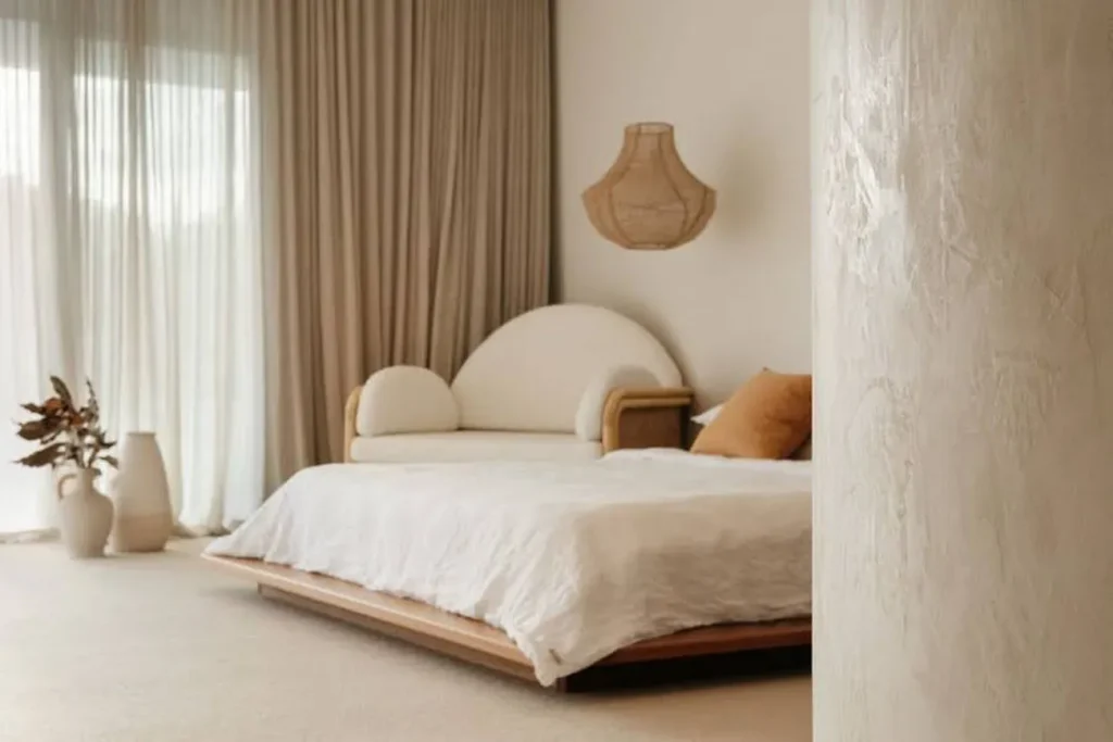 What Are the Best Brands for Textured Wall Paint in Australia? Natural coloured bedroom with hanging light and pot plant
